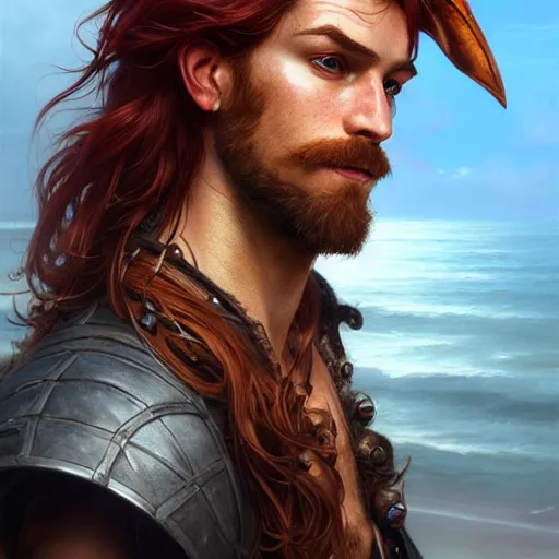 Image similar to portrait of a young ruggedly handsome but easygoing pirate, male, masculine, upper body, red hair, long hair, d & d, fantasy, intricate, elegant, highly detailed, digital painting, artstation, concept art, matte, sharp focus, illustration, art by artgerm and greg rutkowski and alphonse mucha