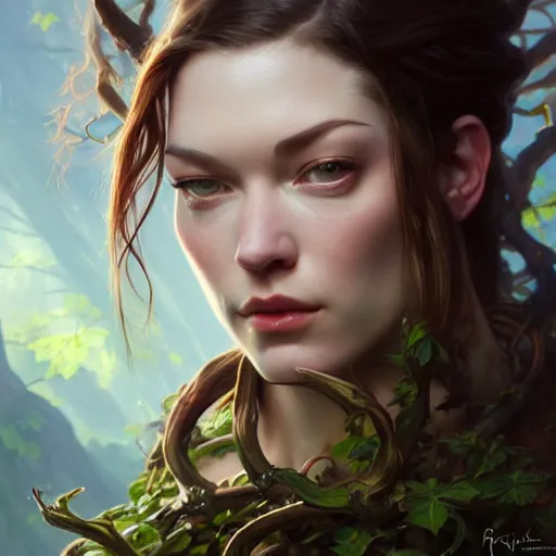 Image similar to stoya portrait of forest gog, female, clear face, masculine, body, muscular, fantasy, intricate, elegant, highly detailed, digital painting, artstation, concept art, matte, sharp focus, illustration, art by artgerm and greg rutkowski and alphonse mucha