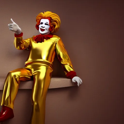 Image similar to a still of ronald mcdonald surrounded by gold and diamonds, award - winning, photograph, 3 d render, unreal engine, 4 k detailed