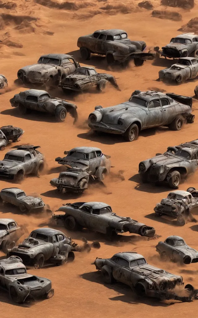 Image similar to pixar cars in the world of mad max fury road