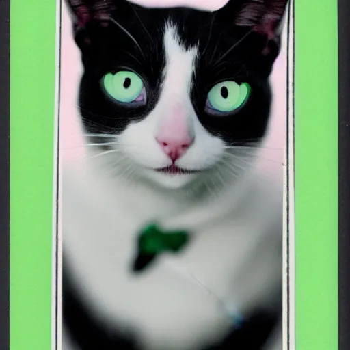 Prompt: an old polroid black and white cat highschool yearbook photo colorful bright green eyes, medium shot, hd, 8k, hyper-realism, detailed, octane 8k, gloomy, dark, creepy,