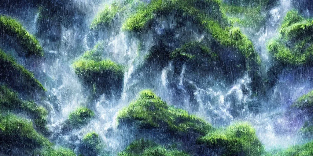 Prompt: the surface of an alien planet on a rainy day with waterfalls, art, high detail, high definition, 8k, cinematic,