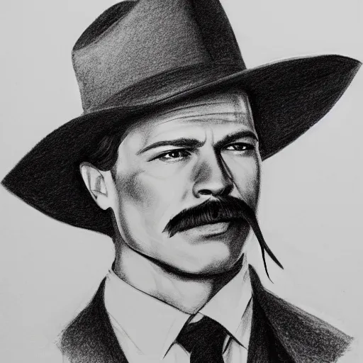 Prompt: hand drawn sketch group portrait of wyatt earp, doc holliday, frank sinatra, brad pitt, high detail, pencil shadows, trending on artstation