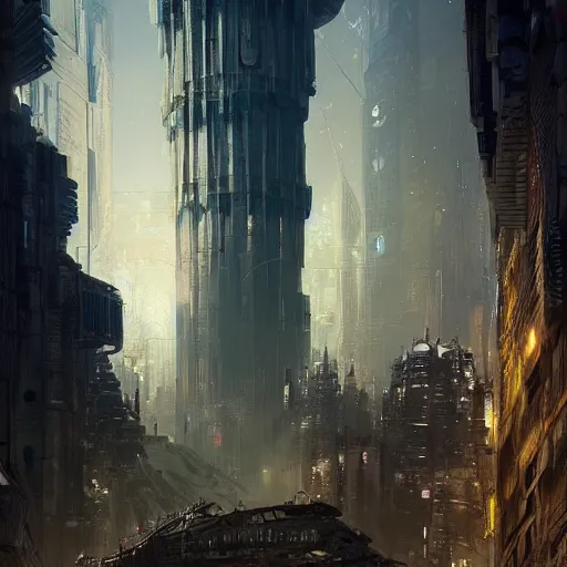 Image similar to highly detailed concept art of monumental huge tower in the cyberpunk city center trending on Artstation by Daniel Dociu and Greg Rutkowski, high quality, nomadic urbanism, sci-fi, futuristic, architecture