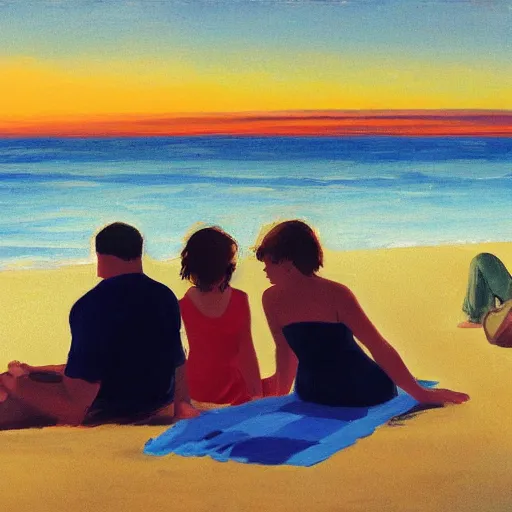 Prompt: a family sitting on a blanket at the beach watching the sun go down in the style of Edward hopper