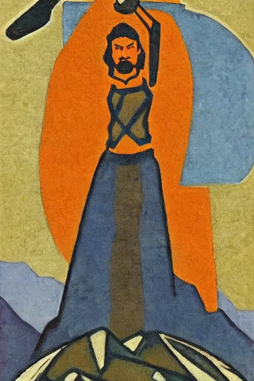 Image similar to thor holding the hammer, stay on mountain, marvel, artwork by nicholas roerich,