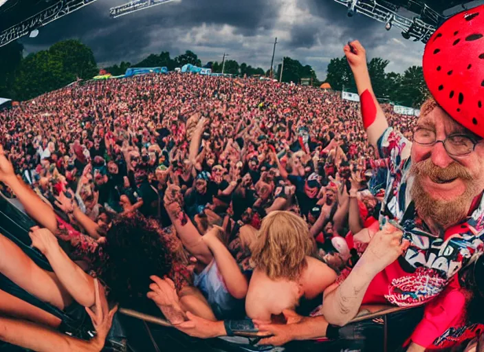 Image similar to photo still of gallagher at vans warped tour!!!!!!!! at age 5 5 years old 5 5 years of age!!!!!!! throwing watermelons into a crowd, 8 k, 8 5 mm f 1. 8, studio lighting, rim light, right side key light