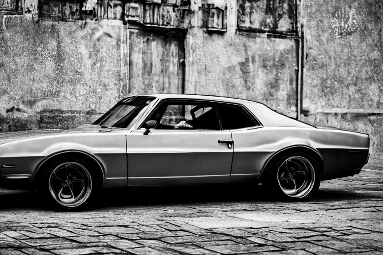 Image similar to audi camaro b 1 ( 1 9 6 9 ) drifting, need for speed : carbon, neon lines, lviv historic centre, ultra phonk, phonk music background, smoke behind wheels, noise, dark, establishing shot