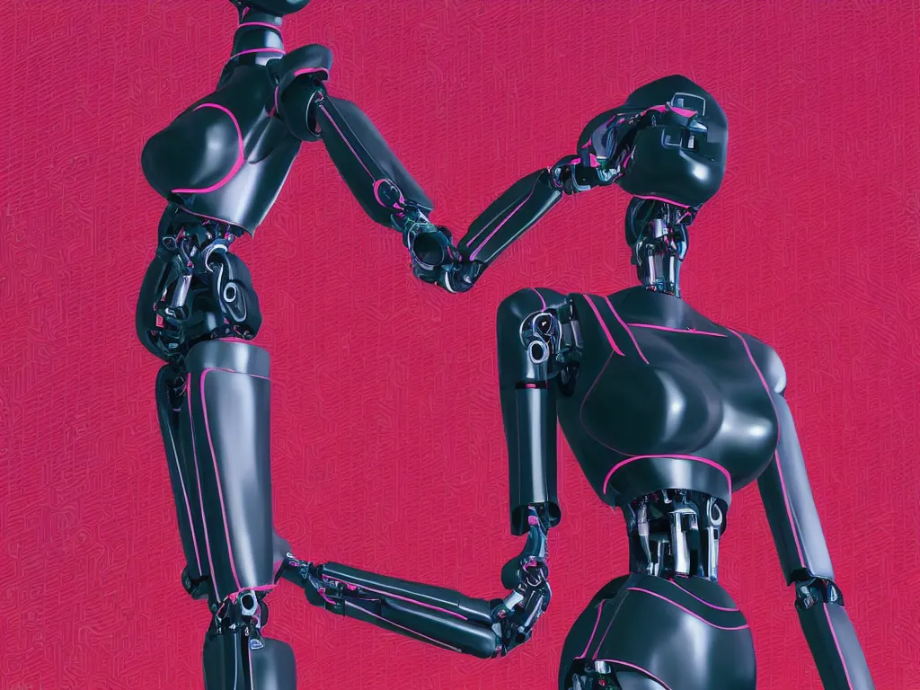 Image similar to beautiful tall female robot printed with red and black 3 d geometrical neon guarding a wall of computers!!!!!!!!!! + flowering vaporwave orchids!!!, transcendent, clean linework, dramatic, finely detailed, 4 k, trending on artstation, photorealistic, award winning, rule of thirds, volumetric lighting, octane render