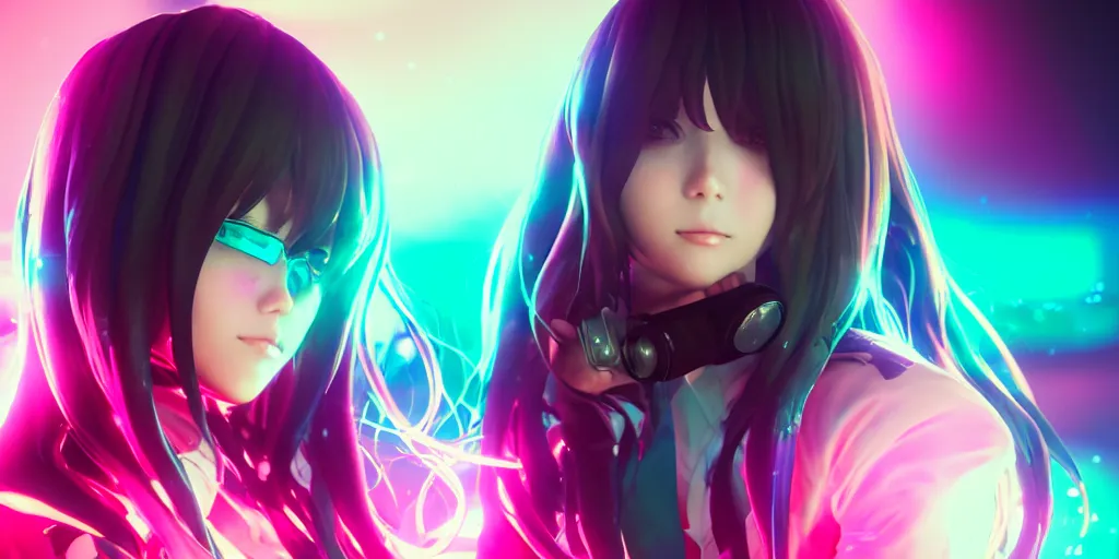 Image similar to beautiful portrait of a woman with pastel long hair floating in the air with her eyes closed facing the camera centered with studio headphones on in the style of a code vein character, momo from twice in code vein in the style of WLOP, artgerm, yasutomo oka, rendered in unreal engine and redshift octane , background is surrounded by epic neon glitch effect digital art dynamic dramatic lighting, soft lighting, imagine fx, artstation, cgsociety, by Bandai Namco artist,