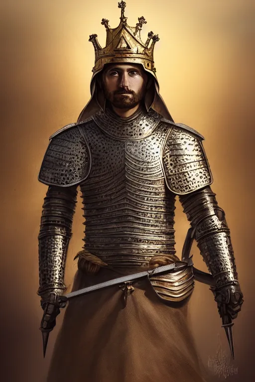 Image similar to Portrait of a handsome king in the desert, Medieval Warrior, detailed scene, Armour and Crown, Sword, photo realistic, highly detailed, dramatic lighting, trending on artstation, elegant, intricate, character design, motion and action and tragedy, fantasy, D&D, highly detailed, digital painting, concept art