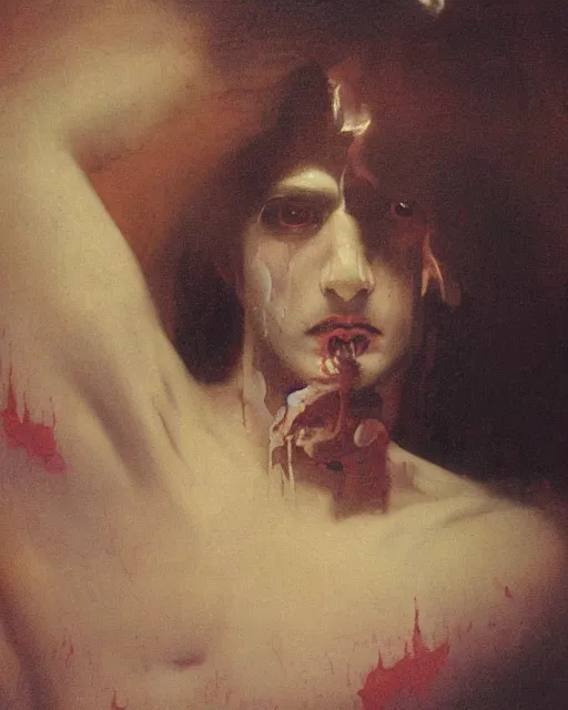 Prompt: a beautiful and eerie baroque painting of a beautiful but creepy young man in layers of fear, with haunted eyes and dark hair, 1 9 7 0 s hotel room, seventies, wallpaper, a little blood, morning light showing injuries, delicate embellishments, painterly, offset printing technique, by brom, robert henri, walter popp