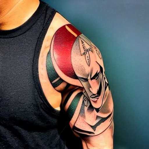 Image similar to tattoo of anime dwayne the rock Johnson on arm back