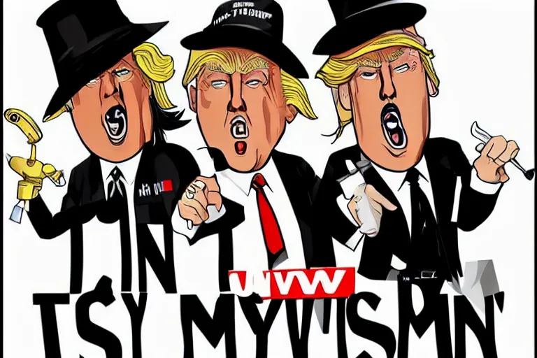 Prompt: 2 d poster illlustration donald trump and donald trump wearing trenchcoats and black spy hats for the movie spy vs spy