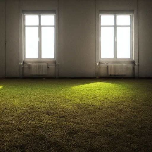 Prompt: concept art of an empty room with grassland as a floor, clouds painted on the walls, sun beams coming in from the windows, hyperrealistic, dramatic lighting trending on artstation 8 k