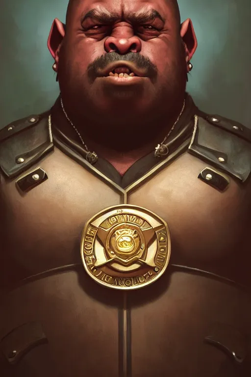 Prompt: a shifty fat dark skin fantasy orc mall cop with a sheriff's badge, Oil Painting, hyperrealistic, octane render, Detailed Digital Art, RPG portrait, 3/4 bust, William-Adolphe Bouguereau, Michael Cheval, dynamic lighting, Highly Detailed, Cinematic Lighting, 8k, HD