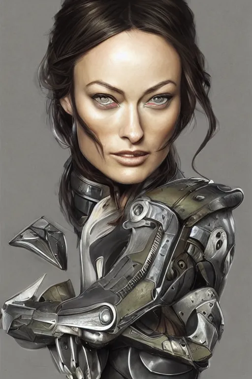 Image similar to a finely detailed portrait of Olivia Wilde, clothed in futuristic battle armor, olive skin, long dark hair, beautiful bone structure, symmetrical facial features, intricate, elegant, digital painting, trending on Artstation, concept art, smooth, sharp focus, illustration, from Metal Gear by Ruan Jia and Mandy Jurgens and Artgerm and and william-adolphe bouguerea, award winning