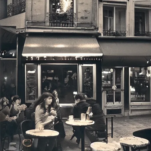 Prompt: people at a cafe at night, paris, 8 mm, photographed by nan goldin