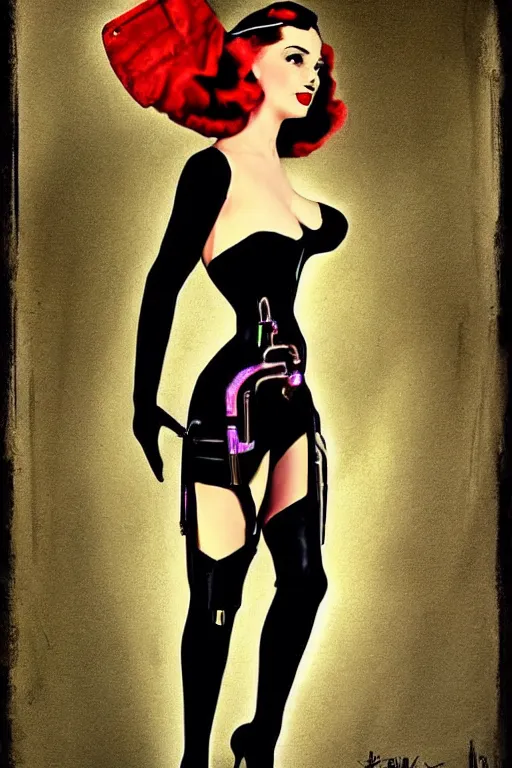 Prompt: full body cyberpunk beautiful woman, in the style of a 1 9 4 0 s oil painted pin - up,