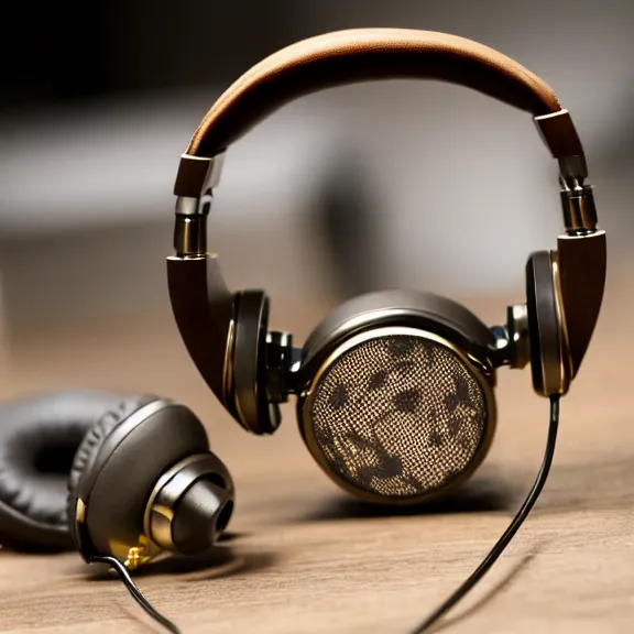 Image similar to masterpiece photo of beautiful hand crafted artistic detailed transparent headphones, flat metal hinges, bismuth metal, electronics see through, plush leather pad, modernist headphones, bismuth beautiful well designed, hyperrealistic, audiophile, intricate hyper detail, extreme high quality, photographic, audeze, sennheiser, raal, bang olufsen, abyssal