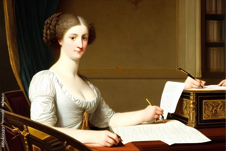 Image similar to 1 8 0 1 lady writing at her desk by vittorio reggianini, georgian dress, directoire style, regency, empire silhouette, bright lighting, perfectly detailed eyes, beautiful hands, pale skin, clear face