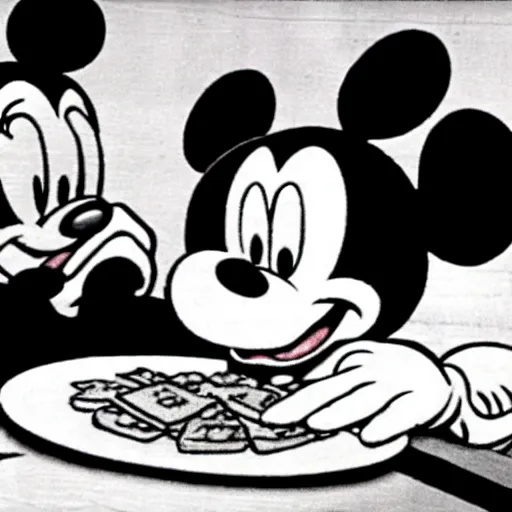 Prompt: film still from 1940s Mickey Mouse Cartoon. Mickey Mouse eating matzah.