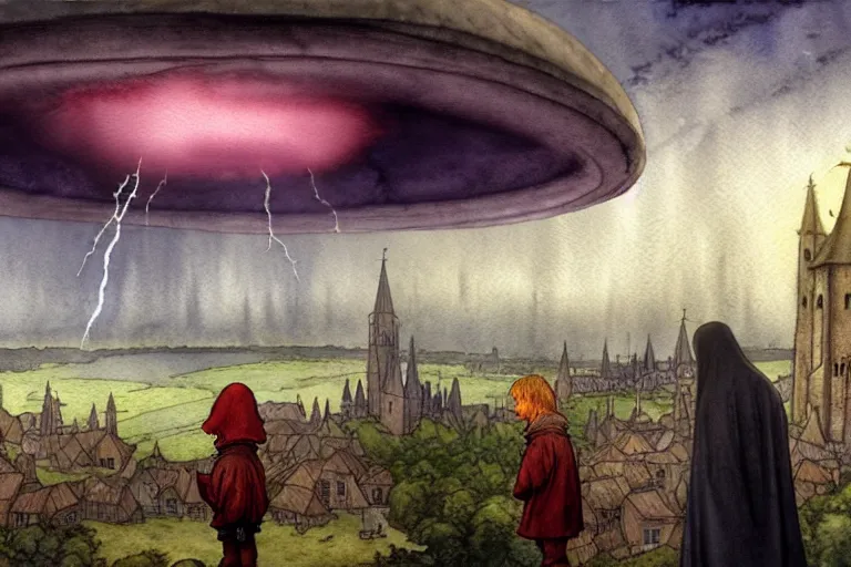 Prompt: a hyperrealist watercolor concept art of a huge ufo in the sky above a medieval city during a thunderstorm. a dirty medieval peasant child is in the foreground. very muted colors, by rebecca guay, michael kaluta, charles vess. high detail, hq, wide shot, 4 k