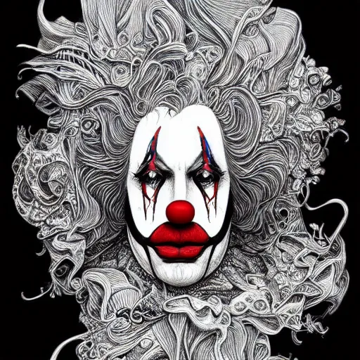 Prompt: black ink on paper, clown, trending on artstation, beautiful, intricate, detailed