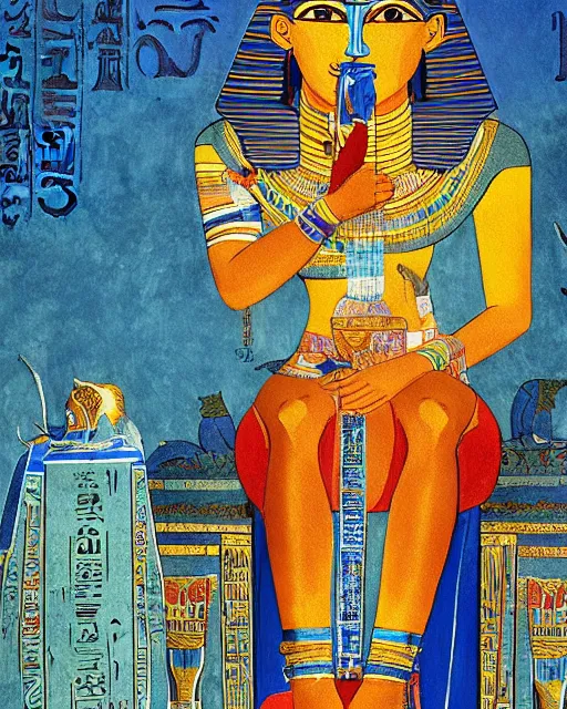 Prompt: a portrait of a beautiful female ancient Egyptian goddess sitting on her throne, surrounded by blue lotus flowers. At her feet lies Anubis. By Victor Nizovtsev
