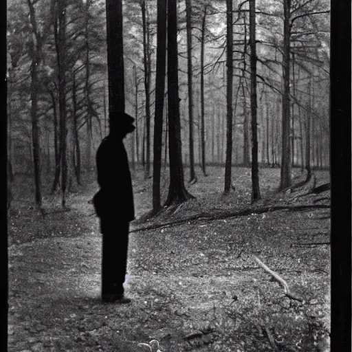 Prompt: a shadow man standing in the distance inside of a forest, taken on a ww2 camera.