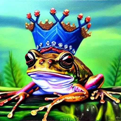 Image similar to beautiful oil painting painting of a frog wearing a crown in swamp