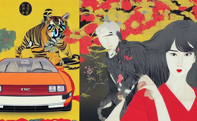 Image similar to a red delorean and a yellow tiger, painting by hsiao - ron cheng & utagawa kunisada, magazine collage style,