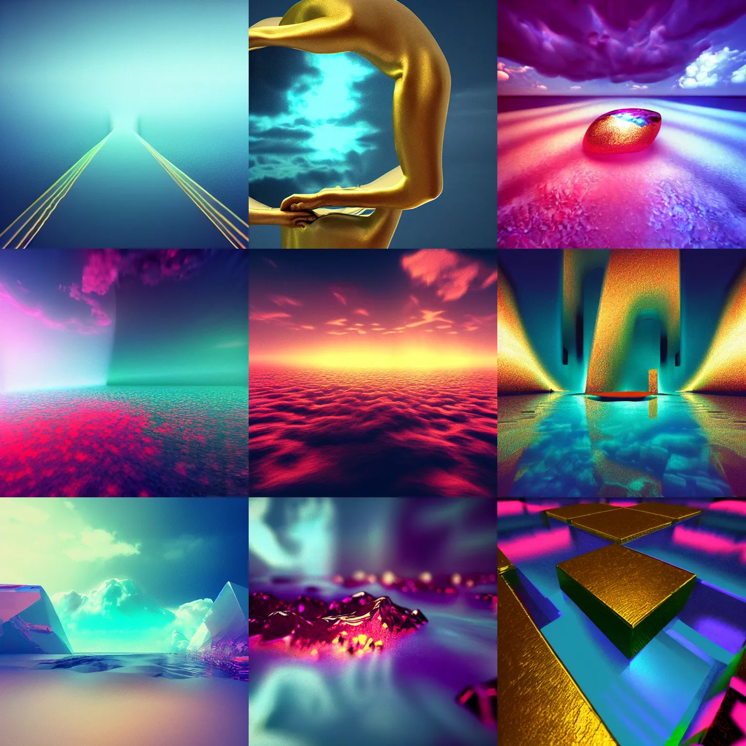 Prompt: vivid dream of recursive pain, eerie and menacing, quartz, water, gold, ruby, sapphire, quicksilver, vaporwave, realistic, HDR, render