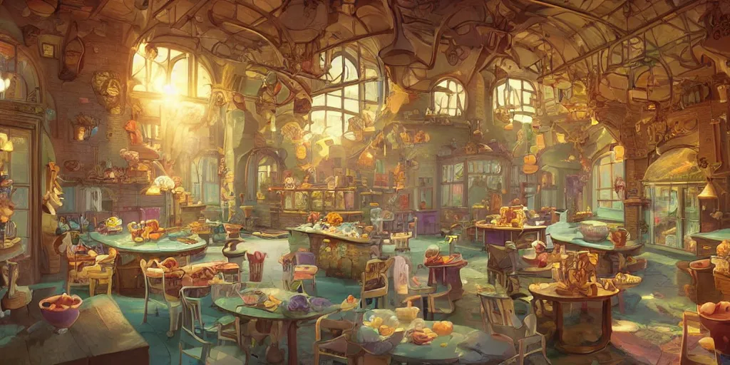 Image similar to A fairy tale style ice cream factory， full of details, matte painting, concept art, smooth,Bright sunshine， by Cory Loftis and Evgeny Lushpin and WLOP，Soft light atmosphere，trending on cgsociety and Blender， unreal engine，8kHDR，light effect，rtx on，-H 768