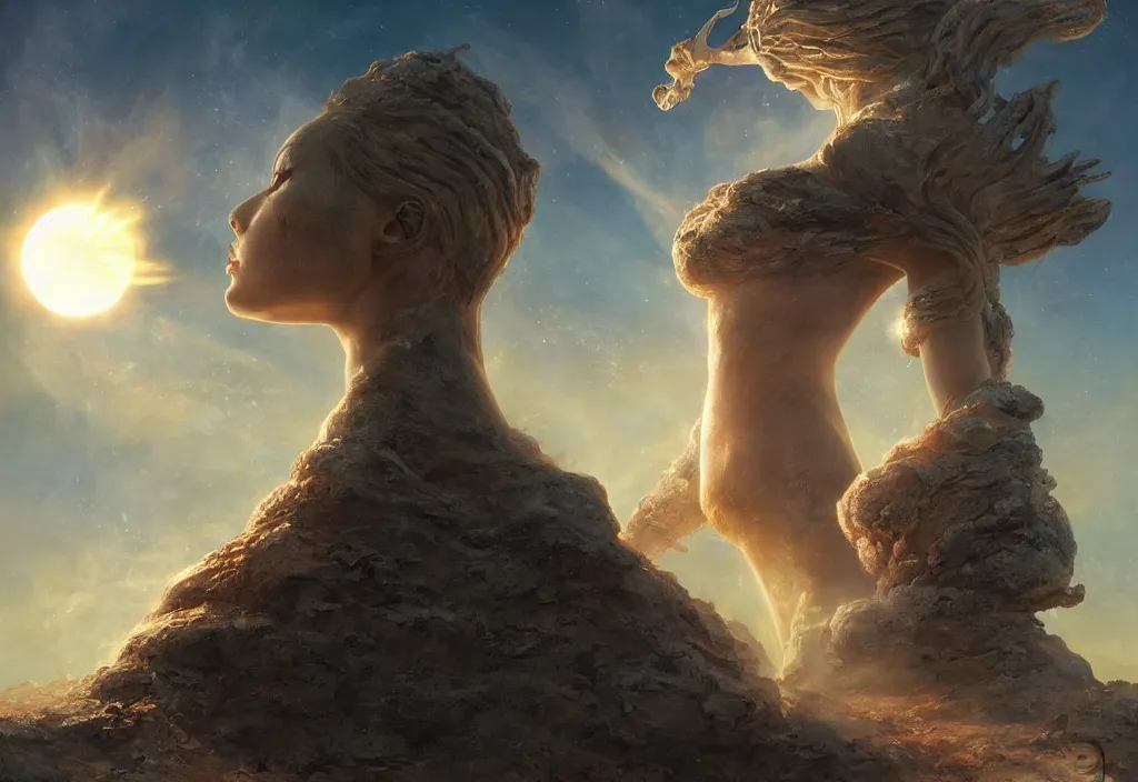 Image similar to an ancient alien female momument staring into space as the sun goes supernova, by dorian cleavenger, by greg rutkowski, by wlop, by astri lohne, by zdzisław beksinsk