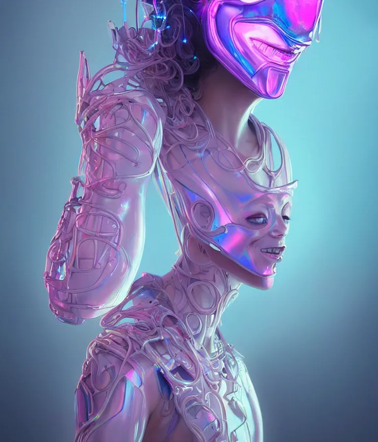 Image similar to iridescent portrait of a beautiful princess in robe. hard surface modelling. cyberpunk look. biomechanical mask. bio luminescent biomechanical halo around head. neon jellyfish. artwork by jarold Sng by artgerm, by Eddie Mendoza, by Peter mohrbacher by tooth wu, unreal engine, octane render, cinematic light, high details, iridescent colors, dichroic, macro, 4l