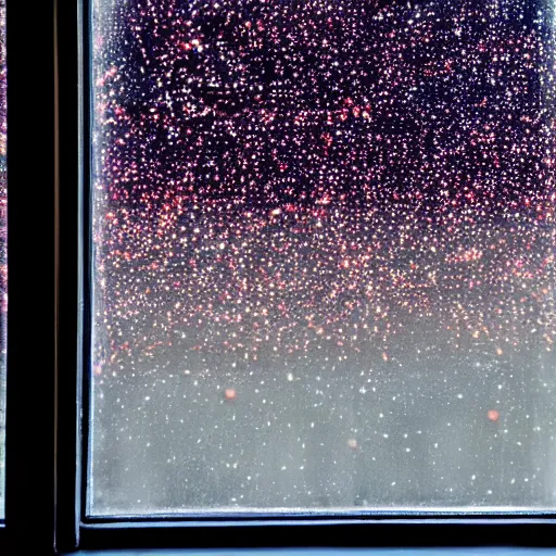 Prompt: bright light in the shape of small stars seen through a window