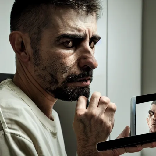 Prompt: angry prisoner alone in his cell setting up a video call using an ipad, photorealistic, frustrated expression, dark