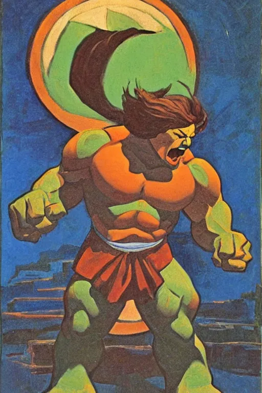 Image similar to hulk, marvel, artwork by nicholas roerich,