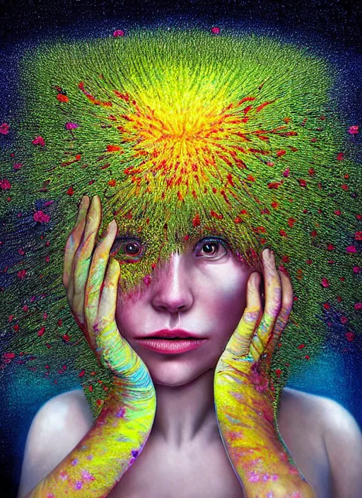 Image similar to hyper detailed emotional 3d render like a Oil painting - Aurora (Singer) looking adorable and seen joyfully Eating of the Strangling network of muted yellowcake aerochrome cracks and milky Fruit and Her delicate Hands hold of gossamer polyp blossoms bring iridescent fungal flowers whose spores black the foolish stars to her adorable smirking mouth by Jacek Yerka, Mariusz Lewandowski, Houdini algorithmic generative render, Abstract brush strokes, Masterpiece, Edward Hopper and James Gilleard, Zdzislaw Beksinski, Mark Ryden, Wolfgang Lettl, hints of Yayoi Kasuma, octane render, 8k