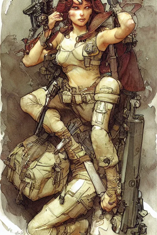 Image similar to pencil sketch of cute soldier girl by marc simonetti and brian froud and Mike Mignola and Alfons Maria Mucha and peter mohrbacher, hyperdetailed