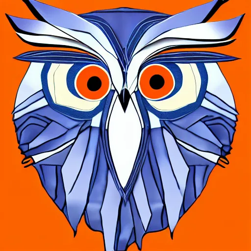 Image similar to logo featuring an owl's head as origami art with piercing white eyes, blue and orange colors, white background, Cut style, detailed