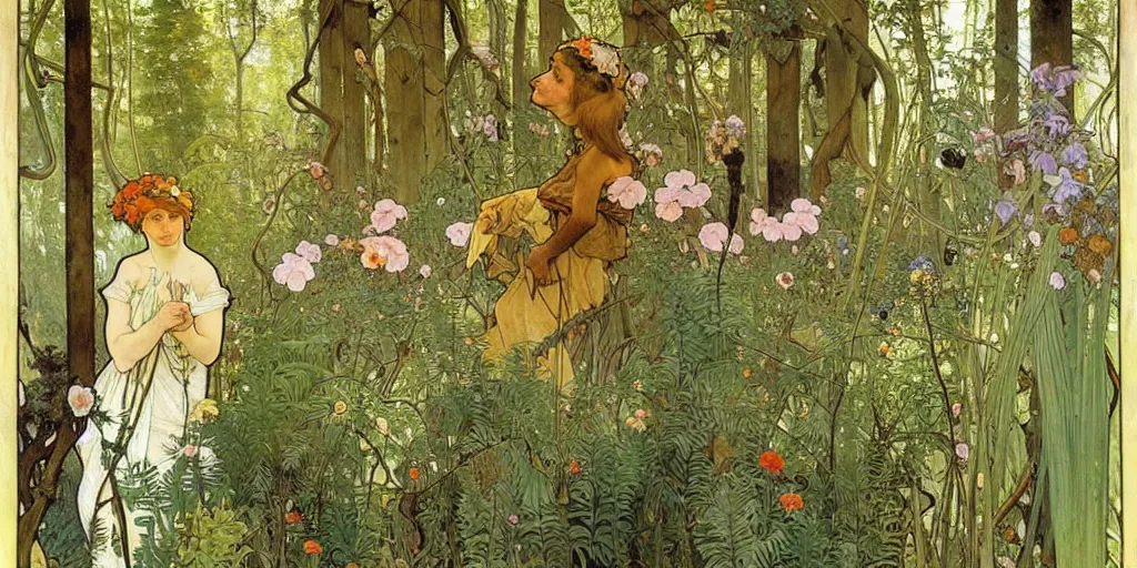 Image similar to a beautiful painting of wild animals in the woods with vines and ferns and flowers, painted by carl larsson and alphonse mucha