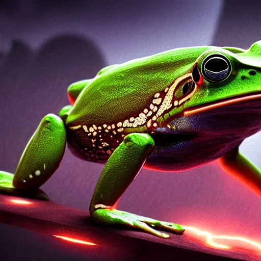 Prompt: Cyborg frog, 4k, trending on artstation, dramatic lightning, highly detailed, cinematic, illustration,