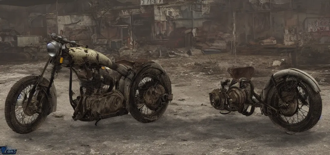 Prompt: fallout motorcycle, 8 k photorealistic, hd, high details, trending on artstation