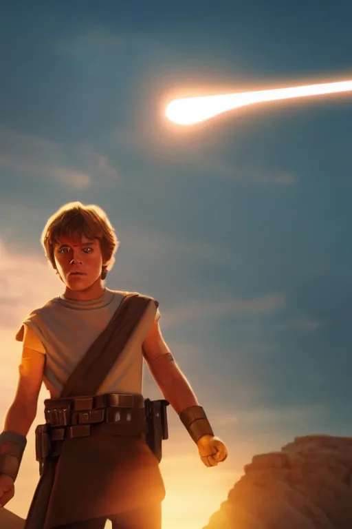 Prompt: young luke skywalker wielding a lightsabre in a heroic pose against a tattooine sunset, close up, dramatic lighting, octane render