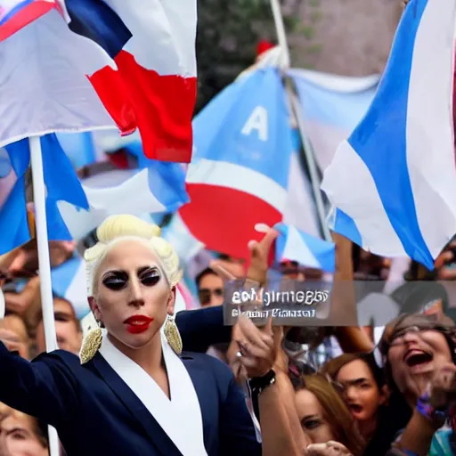 Image similar to Lady Gaga as president, Argentina presidential rally, Argentine flags behind, bokeh, giving a speech, detailed face, Argentina