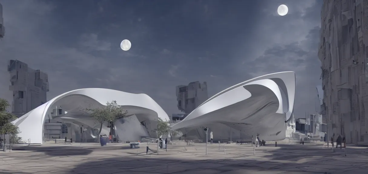 Prompt: a half moon in the sky shining on a white museum by zaha hadid in the cyberpunk city, cinematic, realistic, render in unreal engine 5