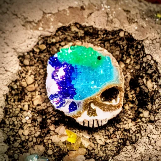 Image similar to tiny dinosaur skeleton inside a geode of colored crystals