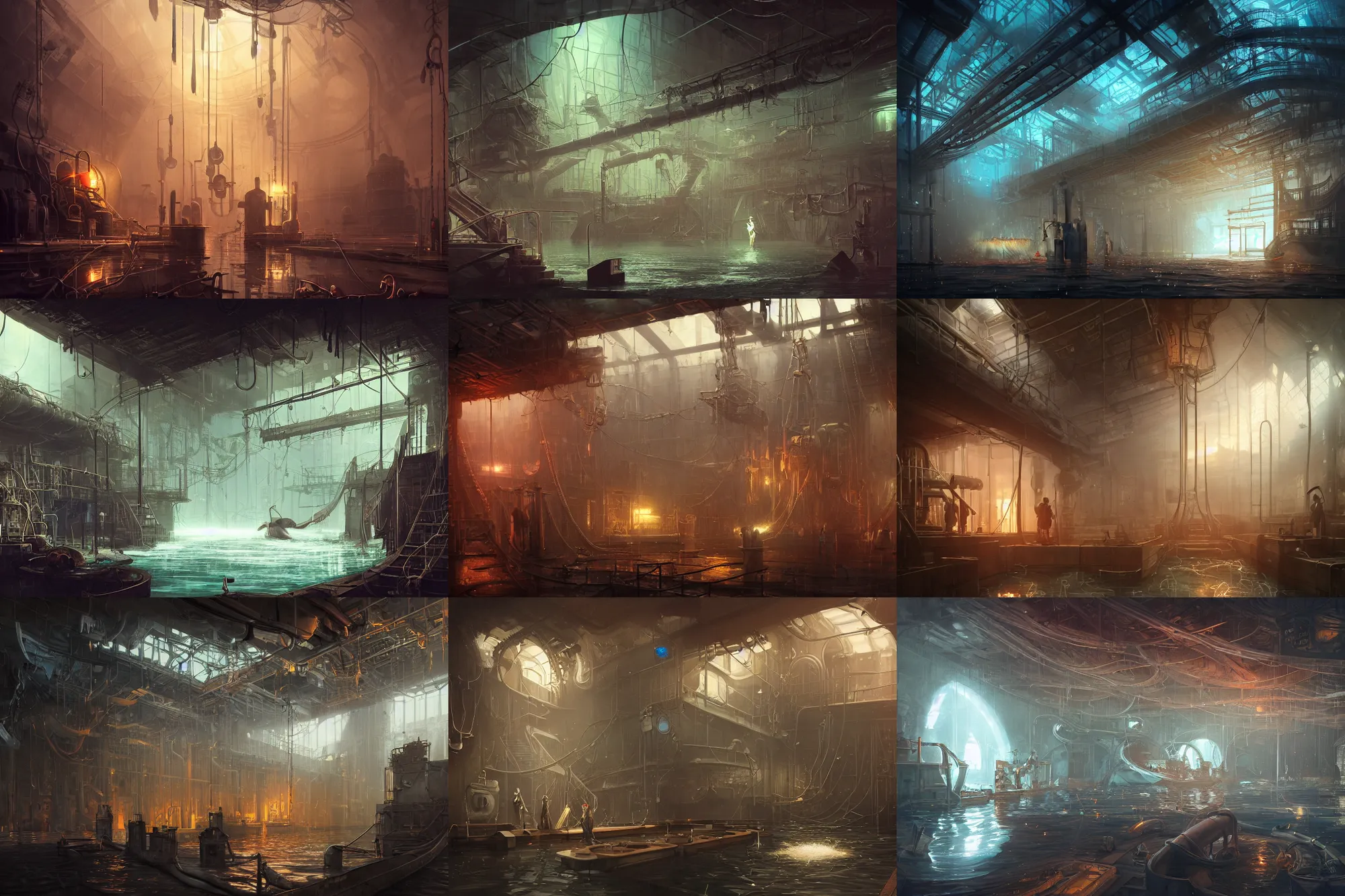 Prompt: flooded boiler room of a ship, victorian alchemists, old scuba, sparks, electrical shocks, lightning bursts, water dripping from ceiling, polygonal iron steel walls, by peter mohrbacher dan mumford craig mullins nekro, cgsociety, pixiv, volumetric light, 3 d render